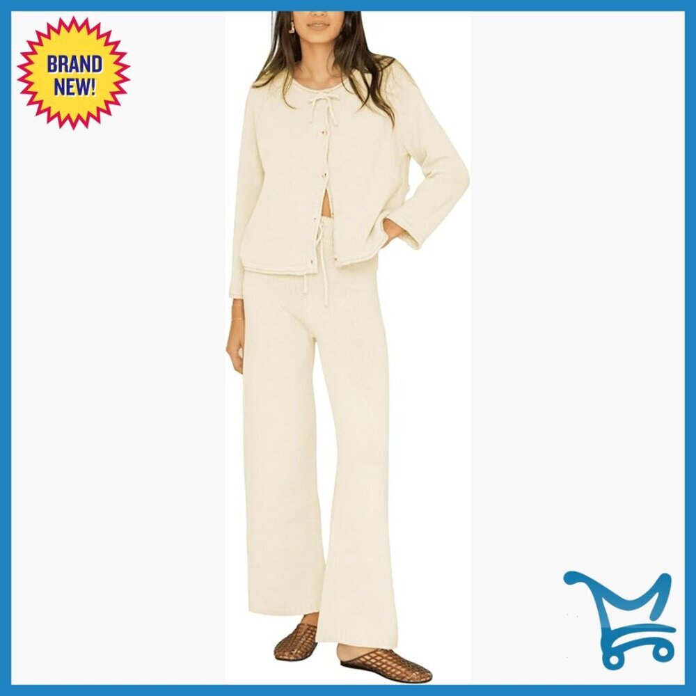 Large Soft Knit Lounge Set Cardigan Wide Leg Pants Relaxed Fit